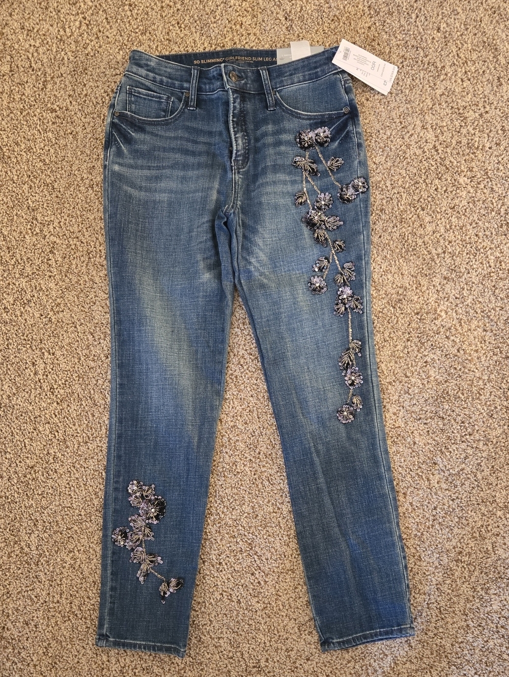 Chico's Blue Skinny Jeans with Floral Embellishment Sz 2 (00R)